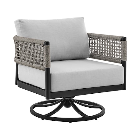 Armen Living Felicia Outdoor Patio Swivel Rocking Chair in Black Aluminum and Gray Rope with Cushions 840254332522